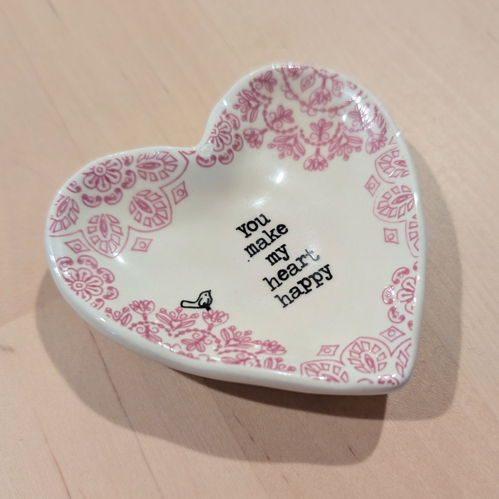 Heart-Shaped Trinket Dish with Pink Pattern